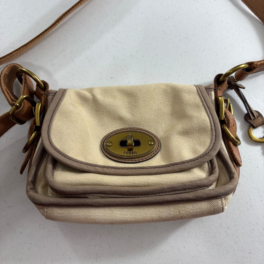 Fossil Long Live Vintage Issue 54 Canvas Crossbody Bag Cream Brown Messenger - Picture 2 of 16